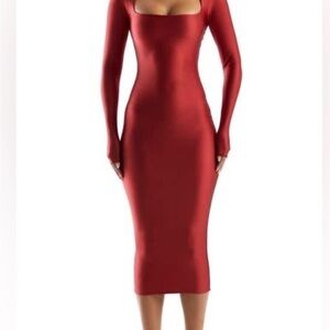 New ! XL- fits more like a M-L Naked Wardrobe SUBTLE SHINE Red Long Sleeve Dress